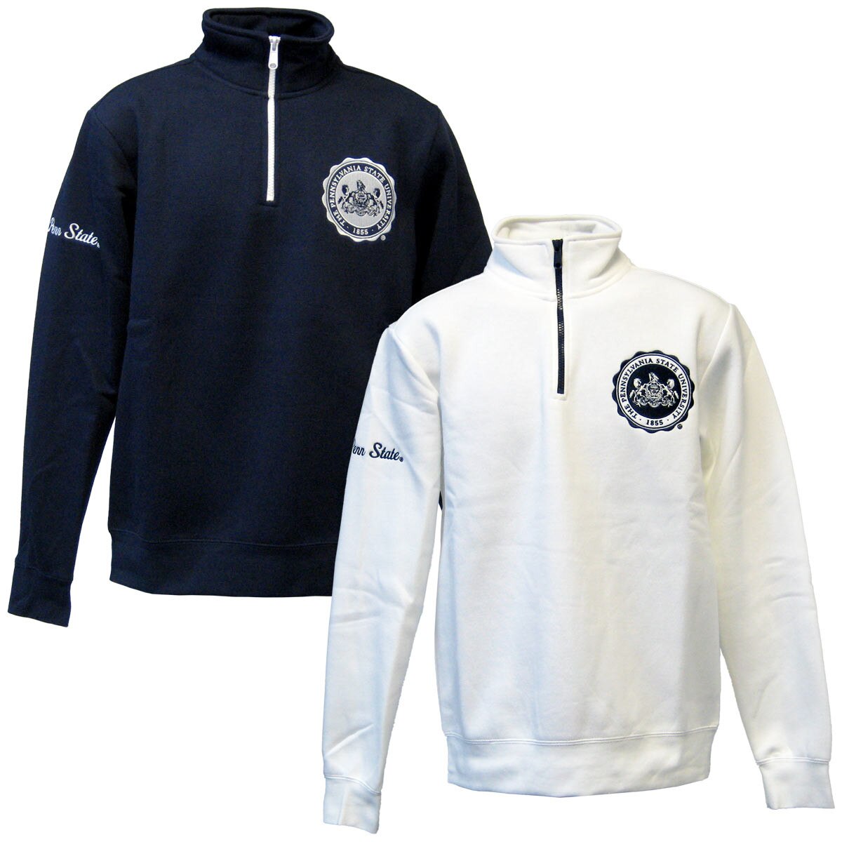 navy and white 1/4 zips with Penn State Seal on left chests, Penn State on right sleeves